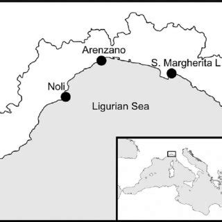 Map of the Ligurian Sea showing the study sites. Scale bar = 10 km ...