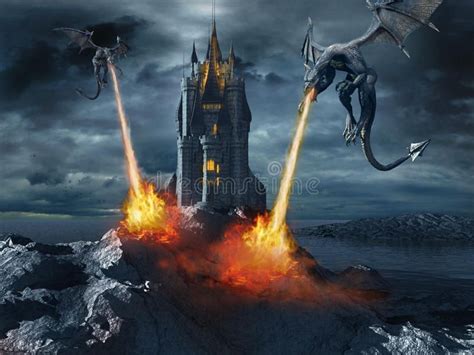 Dragons attacking the castle. Two dragon attacking the dark gothic ...