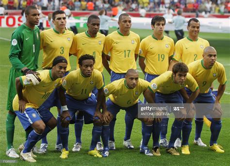 Members of the Brazil team pose at the start of the quarter-final ...