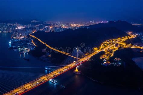 Aerial Night View of Ting Kau Bridge, Famous Landmark, Hong Kong Stock ...