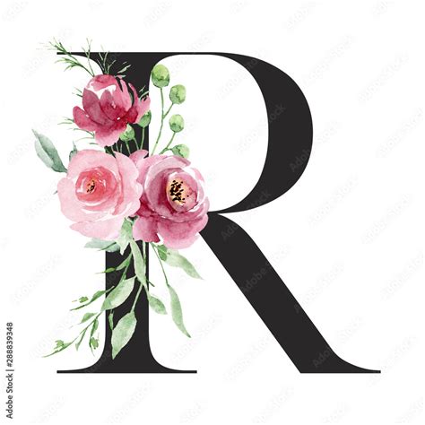 Floral alphabet, letter R with watercolor flowers and leaf. Monogram initials perfectly for ...