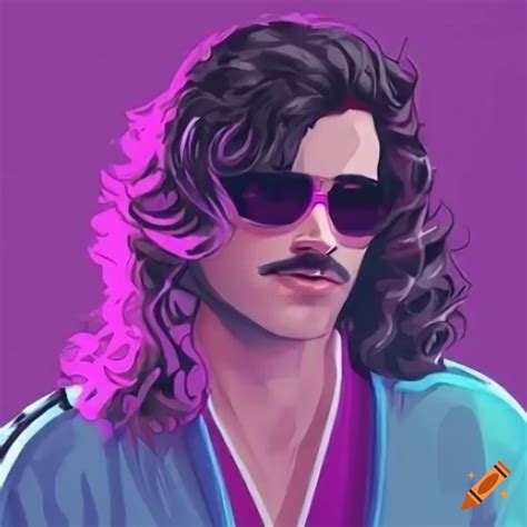 80s styled male with long hair and sunglasses in tracksuit