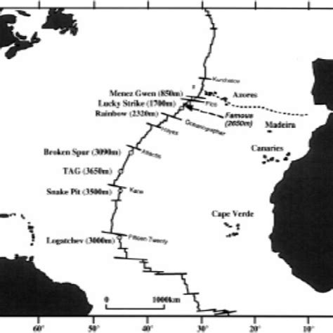 Location map of the eight active hydrothermal vent fields known to date ...