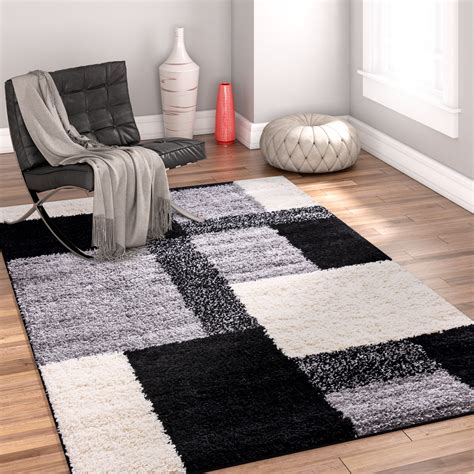 Modern Shag Geometric Area Rug Cubes Black & Cream Plush Shag Blocks ...