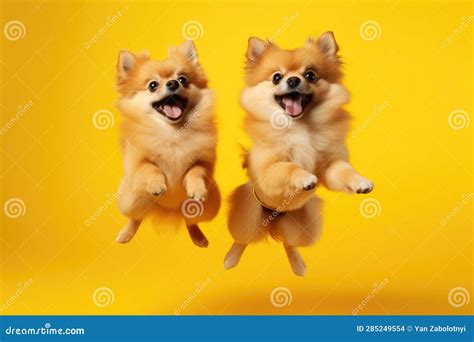 Jumping Moment, Two Pomeranian Dogs on Yellow Background Stock Illustration - Illustration of ...