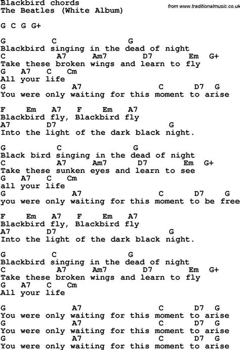 Song lyrics with guitar chords for Blackbird - The Beatles | Ukulele chords songs, Guitar chords ...