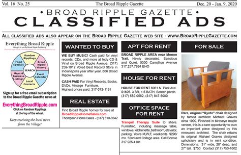 Broad Ripple Gazette - CLassified Ads