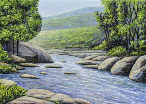 Oil Painting of Beautiful River Stream Stock Photo - Image of landscape ...