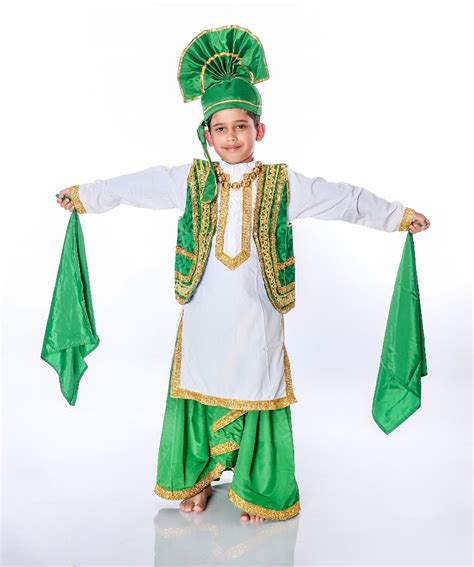 Green-white Chairman-crepe-velvet Kids Bhangra Dance Dresses for boys ...