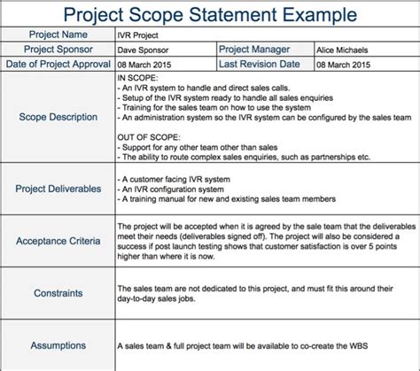 Project Scope Statement Example | Program management, Project management templates, Statement ...