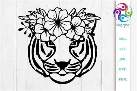 Cute Tiger with Flower Crown on Head Svg Graphic by Sintegra · Creative Fabrica