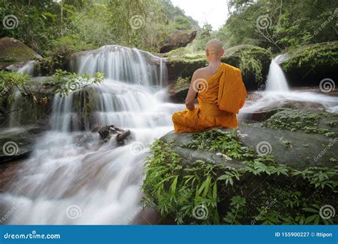 Buddha Monk Practice Meditation at Waterfall Editorial Photography - Image of peace, amazing ...