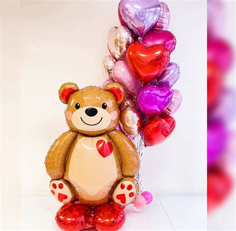 Valentine Teddy Bear Heart Balloon Bouquet |Fusionballoons.com