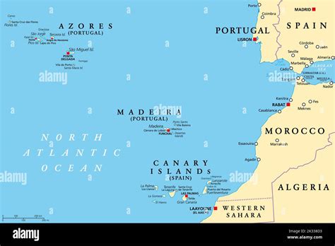 Azores, Madeira, and Canary Islands, political map. Autonomous regions of Portugal and Spain ...