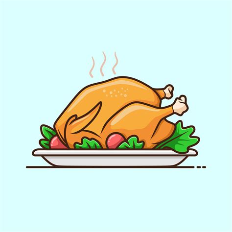 Roast turkey or chicken on plate, traditional holiday dinner vector clip art illustration ...