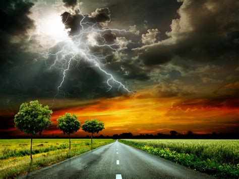 scenery, Roads, Sky, Grass, Clouds, Lightning, Trees, Thundercloud, Nature Wallpapers HD ...