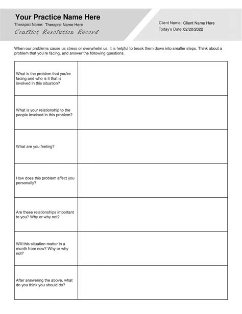 Conflict Resolution Record Worksheet (Editable, Fillable, Printable PDF) - TherapyPatron.com