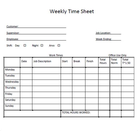 Printable Weekly Timesheet Template Word