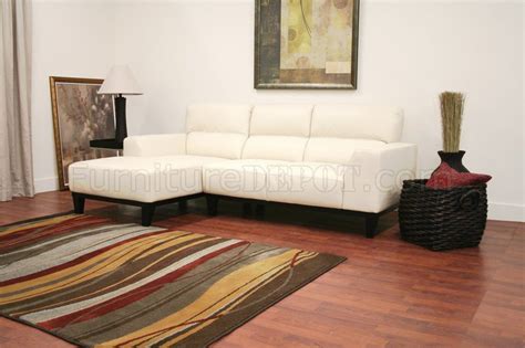 Cream Leather Contemporary L-Shaped Sectional Sofa w/High Back