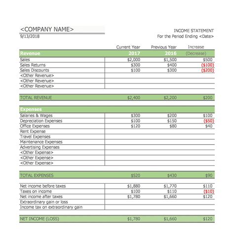 MS Excel Income Statement Editable Printable Template Excel Templates ...