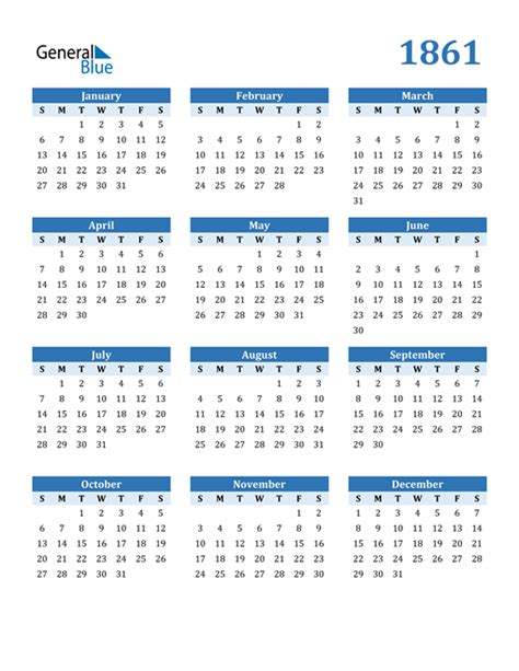 1861 Calendar (PDF, Word, Excel)