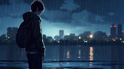 Premium Photo | A person in the rain Melancholic anime boy standing in rain