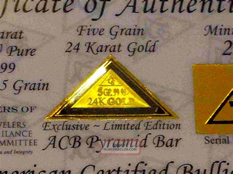 Acb 24k Gold 99. 99 Fine 5grain Pyramid Bullion Bar Certificate Of Authenticity