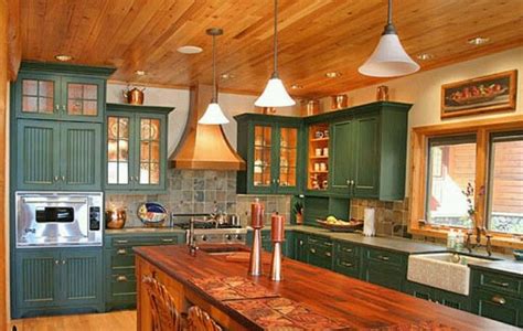 Love the natural wood with the Hunter Green cabinets. | Log home kitchens, Log cabin kitchens ...