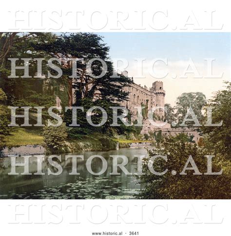 Historical Photochrom of Warwick Castle on the River Avon in Warwick ...