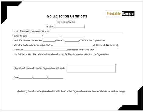 20 Free Sample No Objection Certificate Templates - Printable Samples