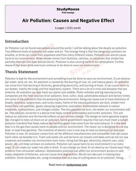 Air Pollution: Causes and Negative Effect Free Essay Example