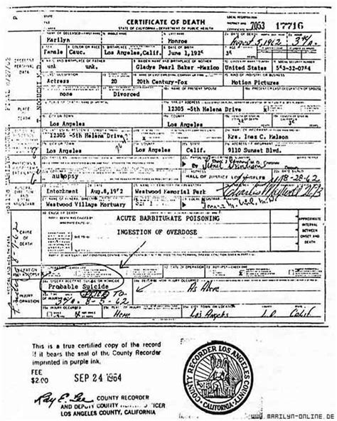 Marilyn Monroe Death Certificate Reproduction Print 8 X 10 - Etsy