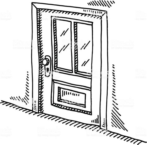 Hand-drawn vector drawing of a Closed Door. Black-and-White sketch on ...