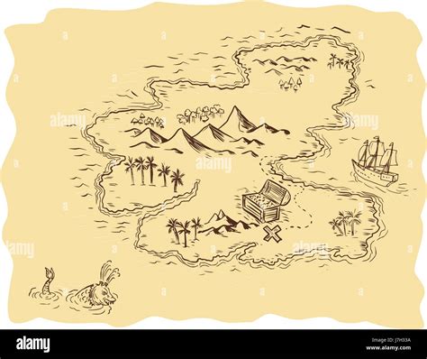 Drawing sketch style illustration of a pirate treasure map showing a treasure chest with x mark ...