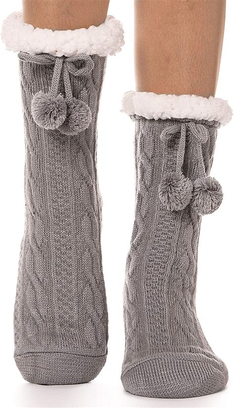 Womens Fuzzy Slipper Socks Warm Thick Knit Heavy Fleece lined Fluffy ...