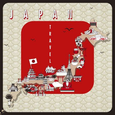 Retro Japan Travel Map Design With Attractions - Japan Travel In Japanese Words Royalty Free SVG ...