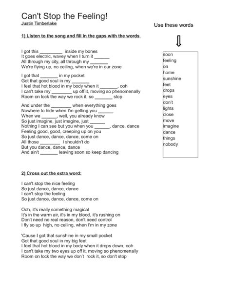 Song Worksheet: Can't Stop the Feeling by Justin Timberlake