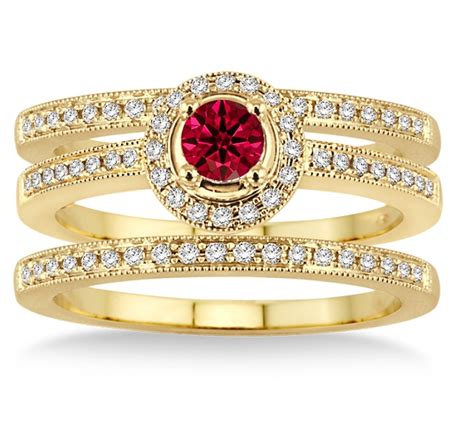 2 Carat Ruby & Diamond Trio set Halo Ring on 10k Yellow Gold - JeenJewels