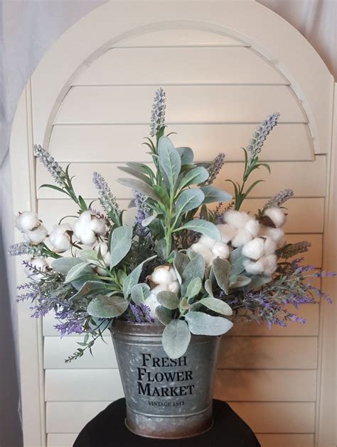 Lambs Ear Cotton Arrangement, Farmhouse Arrangement, Rustic Farmhouse ...