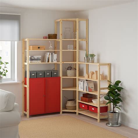 IVAR Corner shelf unit w cabinet/drawers - pine, red - IKEA | Corner shelf unit, Corner shelves ...