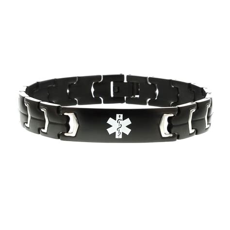 modern style medical id bracelet for men in black stainless steel with medical emblem accent ...