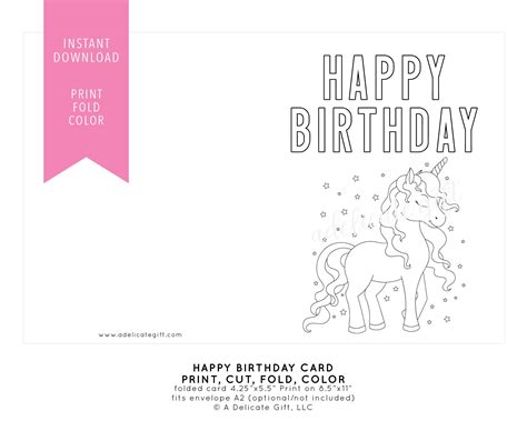 Printable Happy Birthday Card Unicorn Instant Download, DIY Coloring Page, Print and Color ...