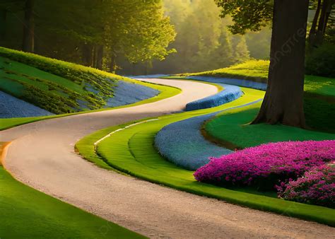 Road In A Beautiful Flower Garden Park Trees Background, Wallpaper, Nature Wallpaper, Path ...