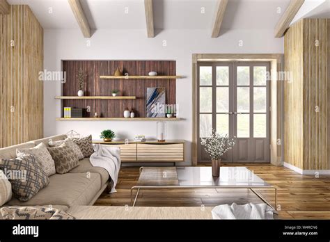 Modern interior design of house, living room with beige sofa, door 3d ...