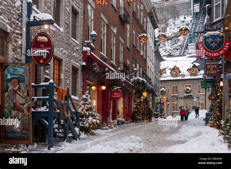 Lower Old Town Petit Champlain Quarter at dusk, Quebec City, Quebec ...