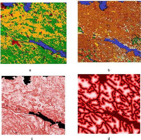 Factor maps: (a) land use; (b) soil; (c) slope length; (d) watercourse. | Download Scientific ...