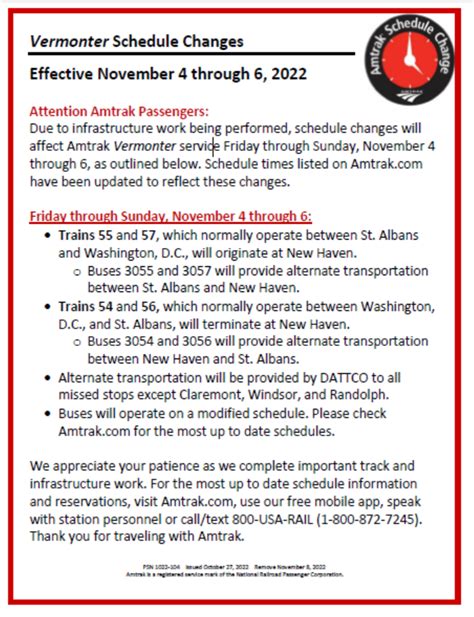 Amtrak Northeast on Twitter: "REMINDER: Vermonter Schedule Change Effective November 4-6 https ...