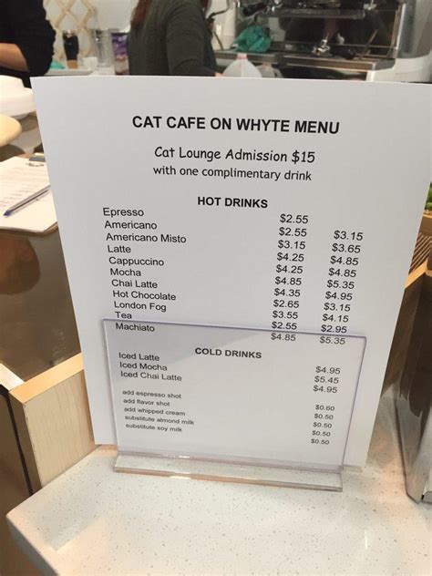 Menu at Cat Cafe on Whyte, Edmonton