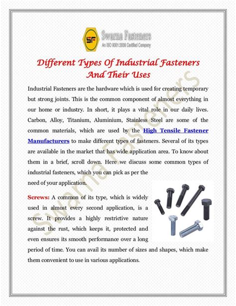 Different Types Of Industrial Fasteners And Their Uses Industrial ...