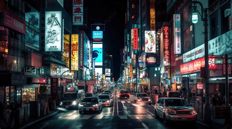 Japanese City Street At Night With Neon Signs Background, Broadway Neon ...